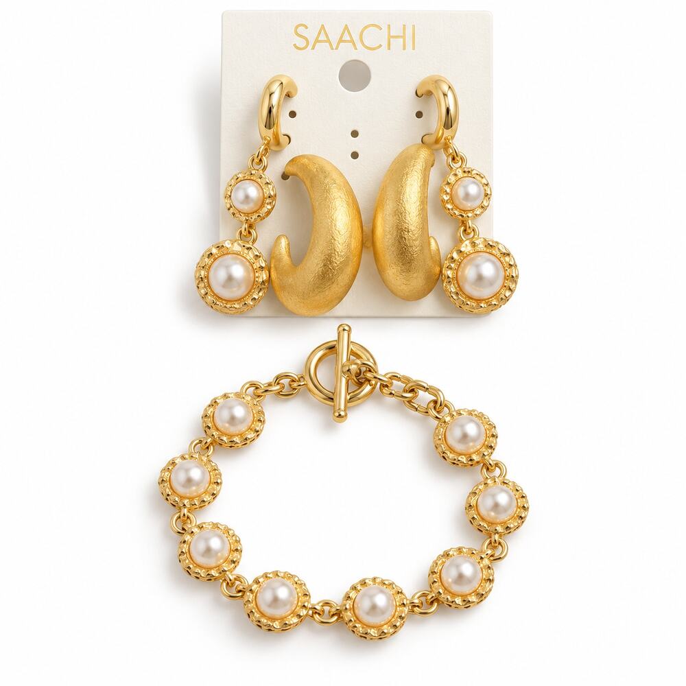 Saachi Gold Tone Pearl Charm Bracelet Statement Earring Jewelry Set